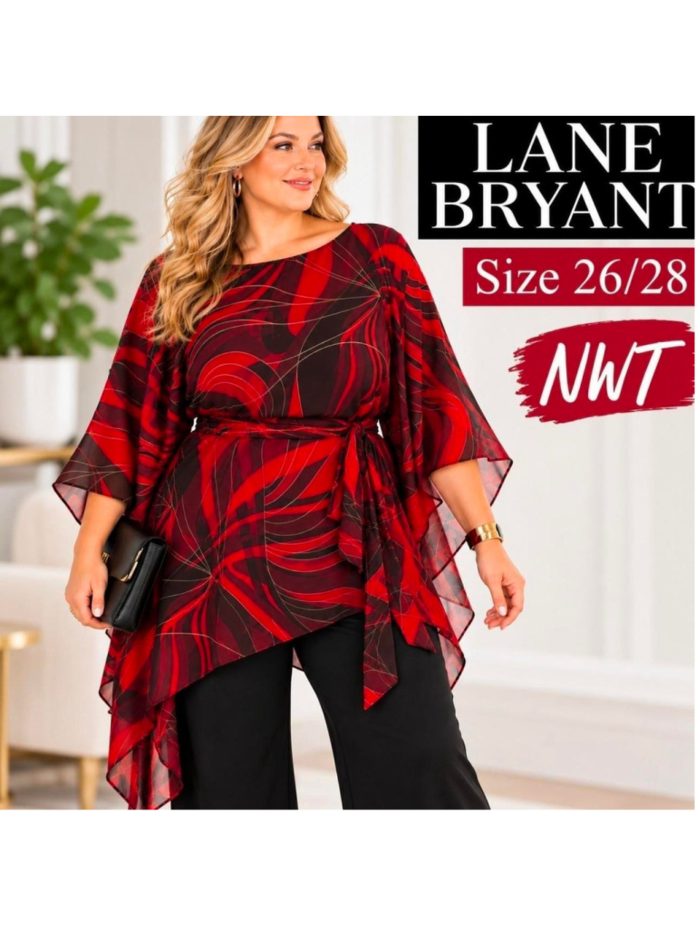NWT Lane Bryant Abstract Asymmetrical Tunic Top Size 26/28 Red Burgundy Black